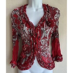Vintage 90s Y2K Agora Beaded Crinkle Button Up Top P M Indie Fairy Whimsigoth